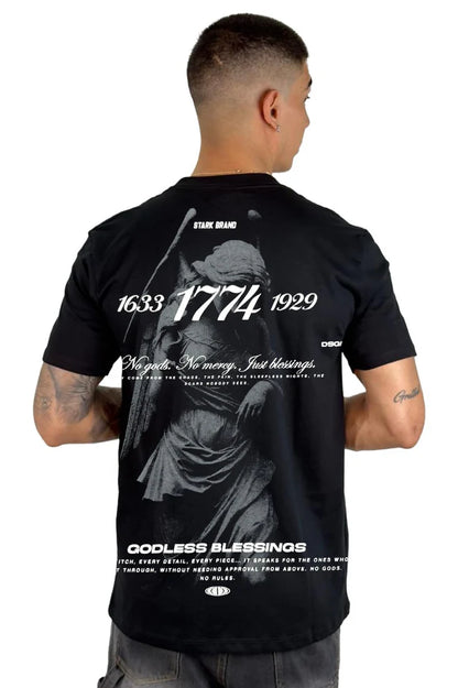Camiseta Negra Godless Blessing 1774 Alto Gramaje