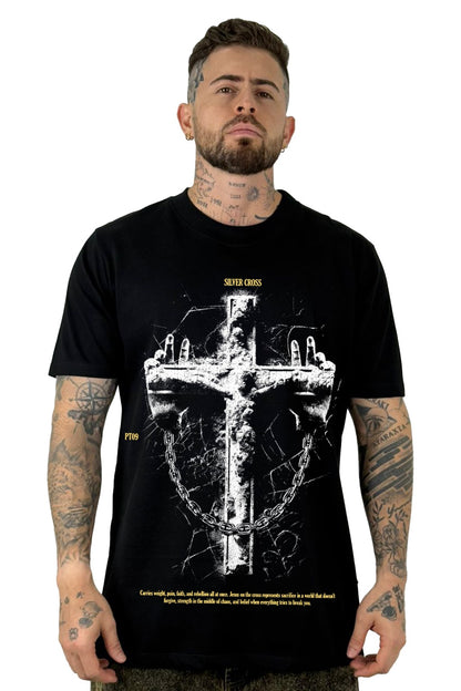 Camiseta Negra Silver Cross Cruz alto gramaje